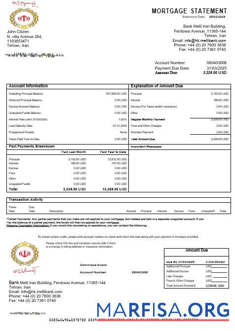Blank Iran Melli Bank mortgage statement in Word and PDF formats download for verification